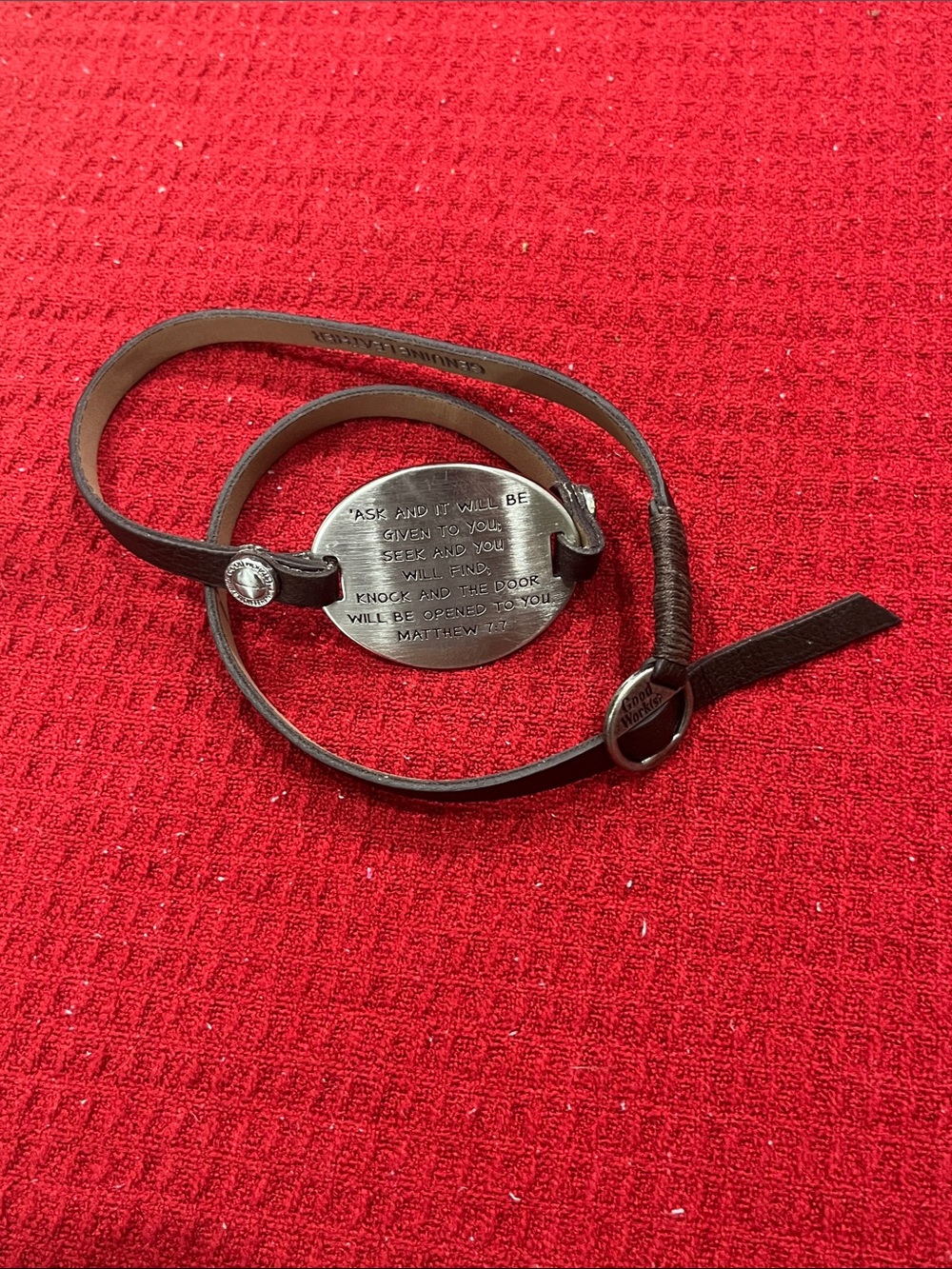 Good Work(s) Leather Wrap Bracelet Matthew 7:7 Scripture Verse Silver